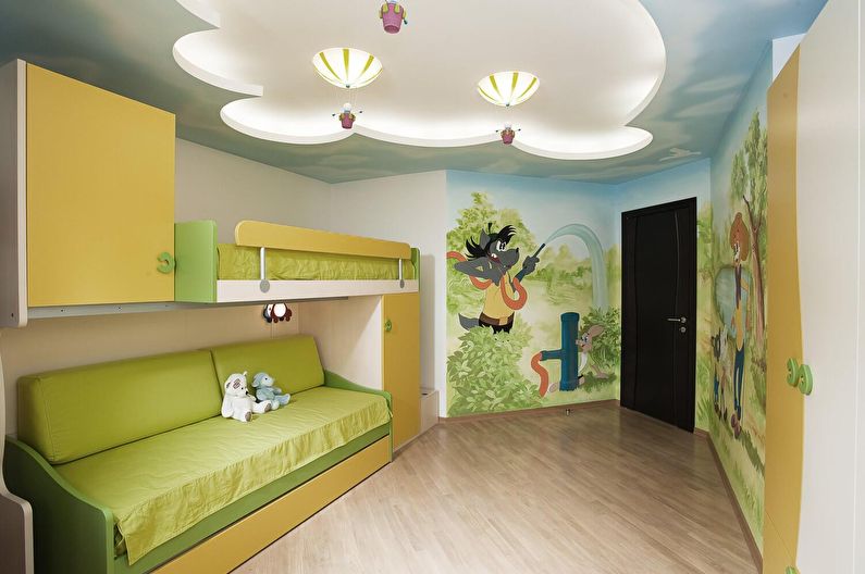 Design de um teto de gesso cartonado em um quarto de criança