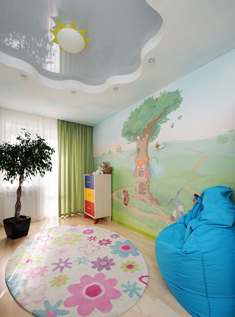 Design de um teto de gesso cartonado em um quarto de criança