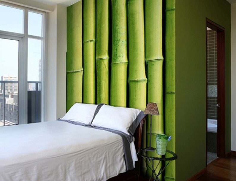 Zielona fototapeta w sypialni