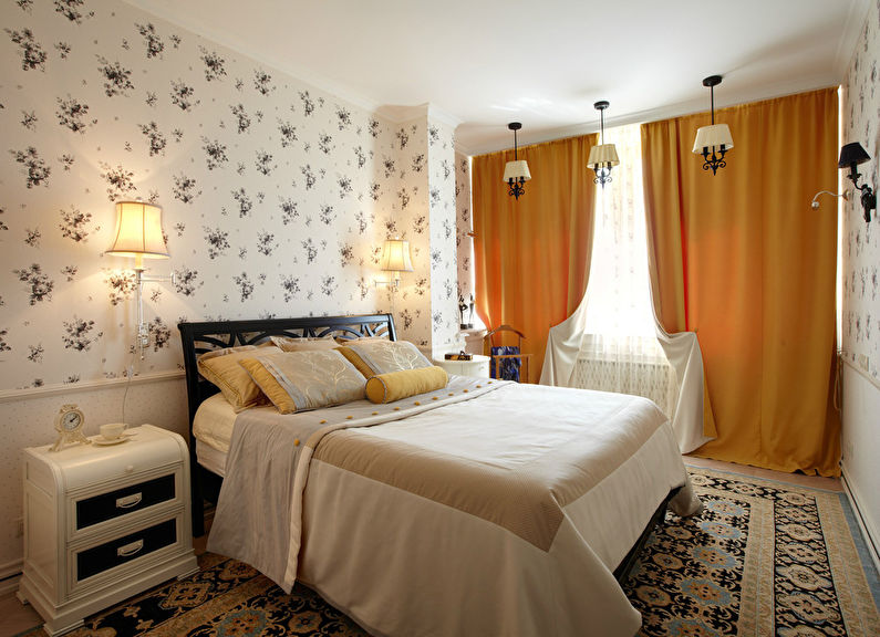 White wallpaper for the bedroom in the eclectic style