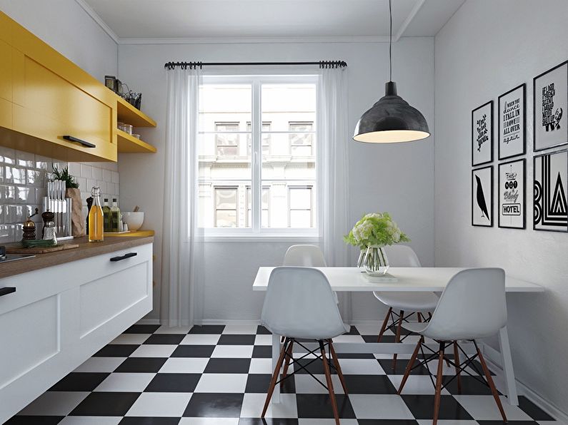 Skandinaviško stiliaus virtuvės grindų dizainas - juodos ir baltos plytelės