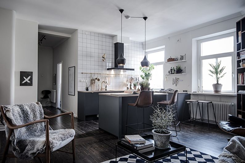 Bucătărie în stil scandinav combinată cu camera de zi - design interior