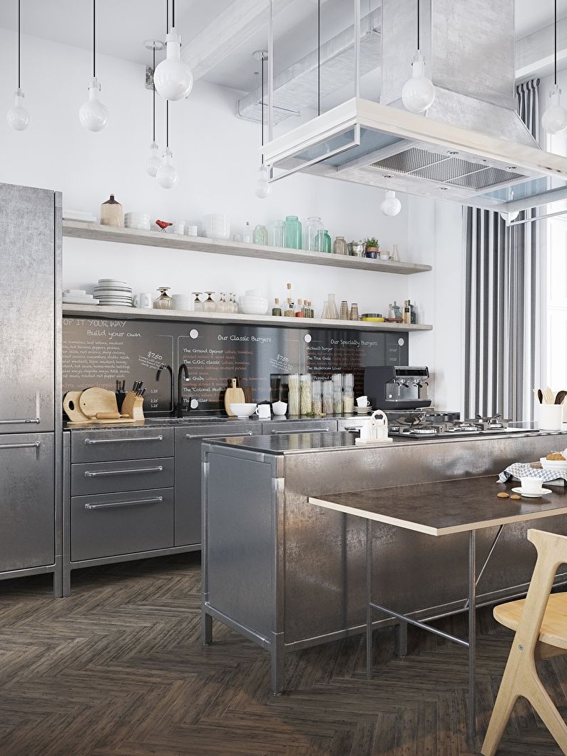 Кухня в скандинавски стил с метални фасади - интериорен дизайн
