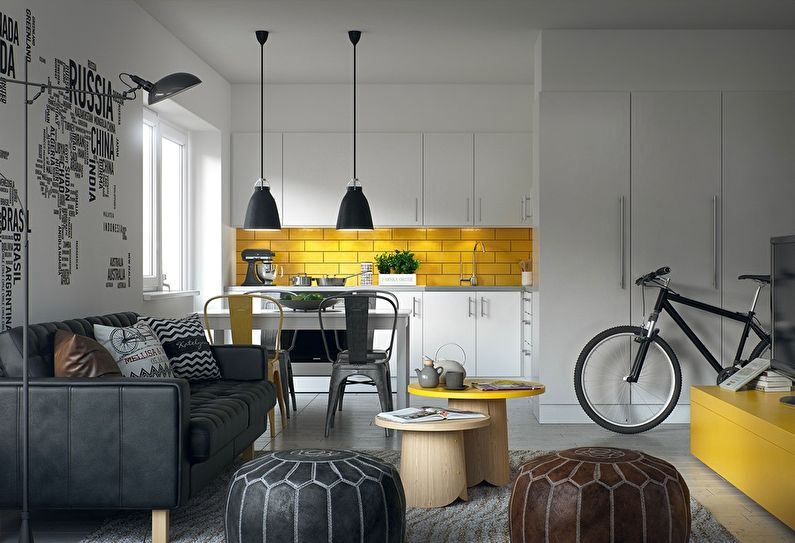 Fehér skandináv stílusú konyha sárga kötényvel - belsőépítészet