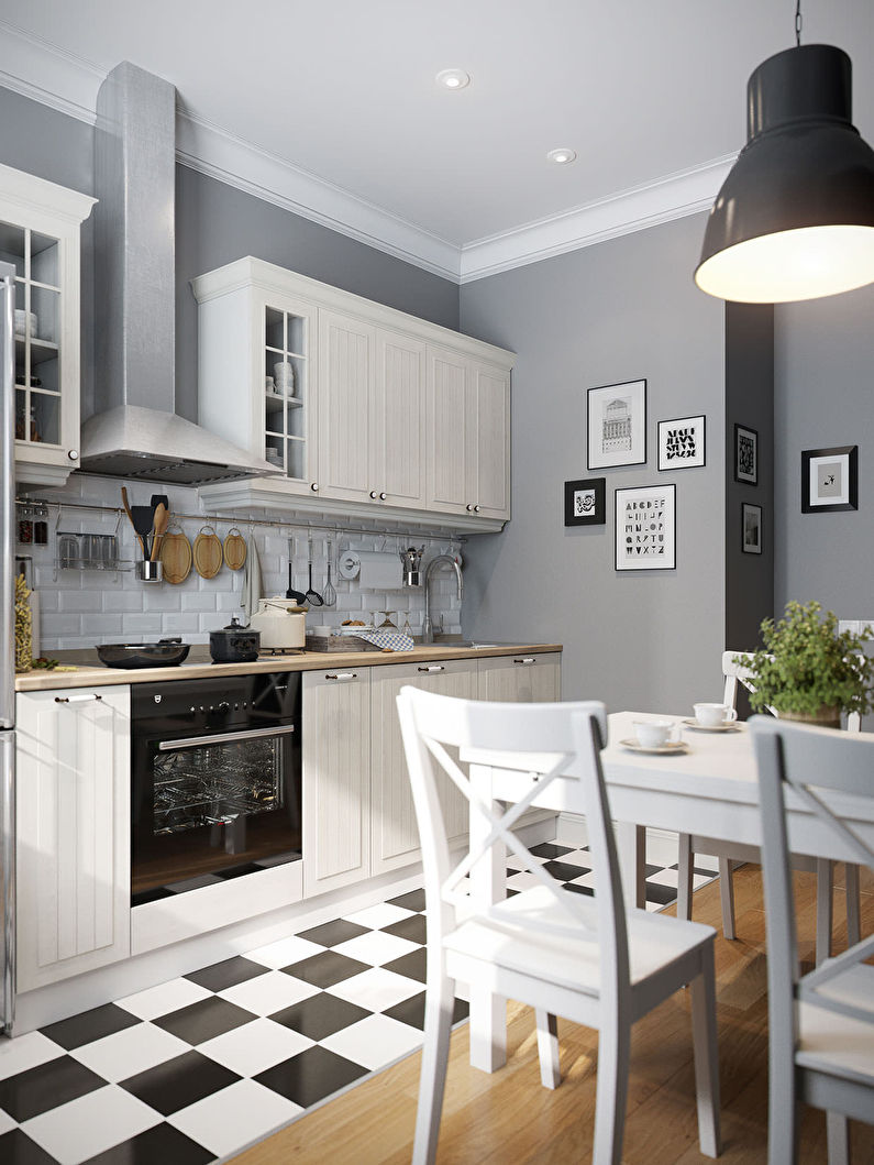 Skandinaviško stiliaus virtuvės dizainas - baltas rinkinys, pilkos sienos