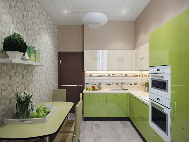 Smėlio spalvos tapetai žaliajai virtuvei - nuotraukų dizainas