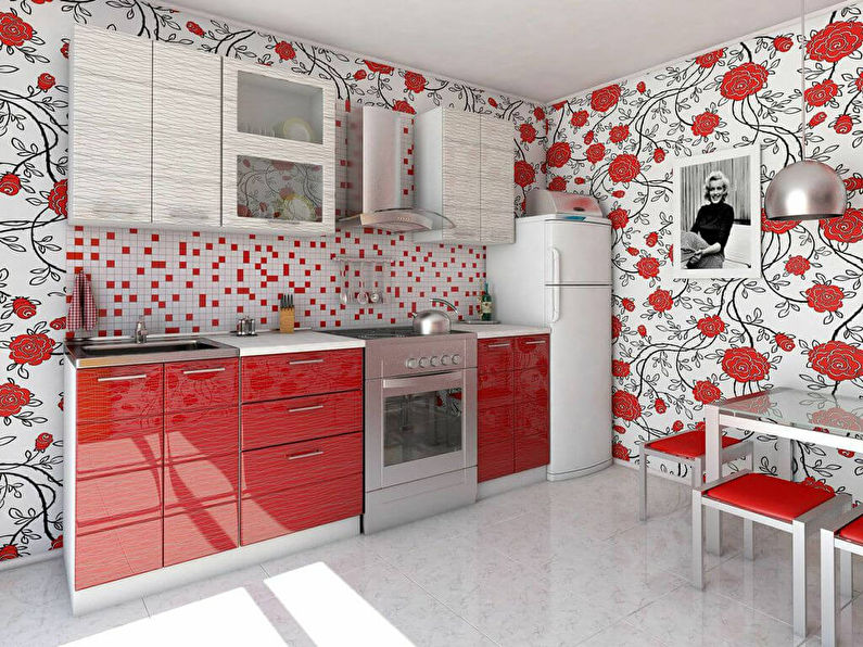 Raudoni tapetai virtuvei - dizaino nuotrauka