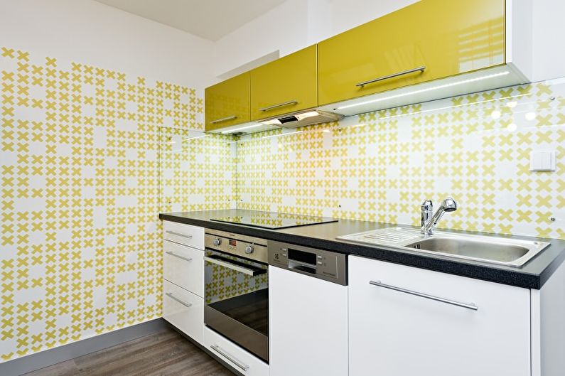 Kertas dinding kuning untuk dapur kecil - gambar reka bentuk