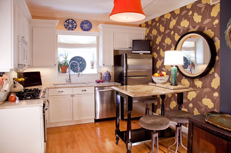 Кафяв тапет с флорални орнаменти за кухнята - дизайн снимка