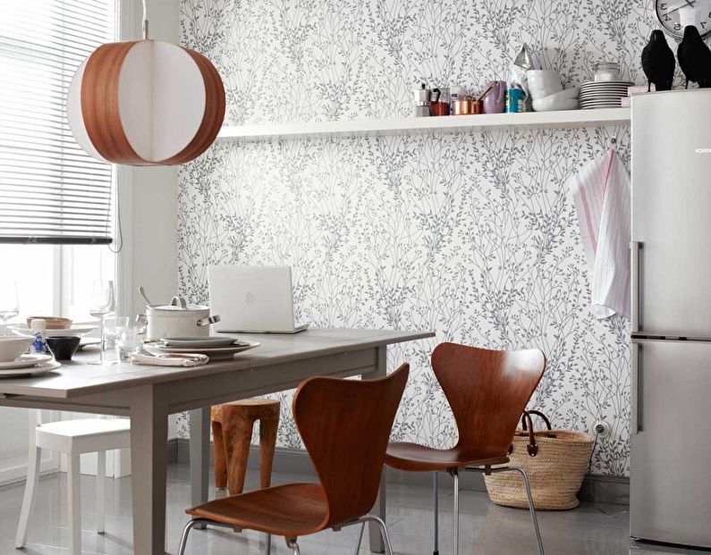 Balti tapetai, skirti virtuvei moderniu stiliumi - nuotraukų dizainas