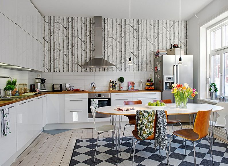 Papel de parede branco-cinza para a cozinha - foto