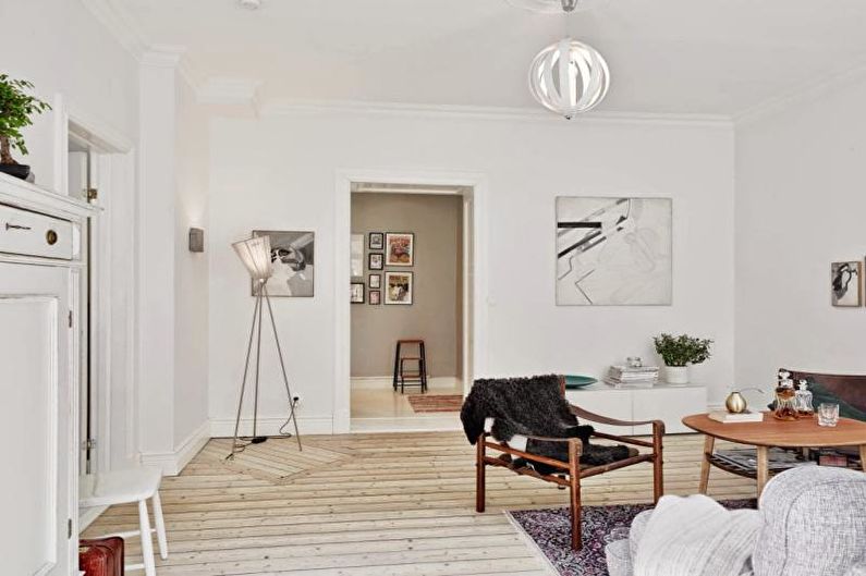 غرفة المعيشة البيضاء على الطراز الاسكندنافي - التصميم الداخلي