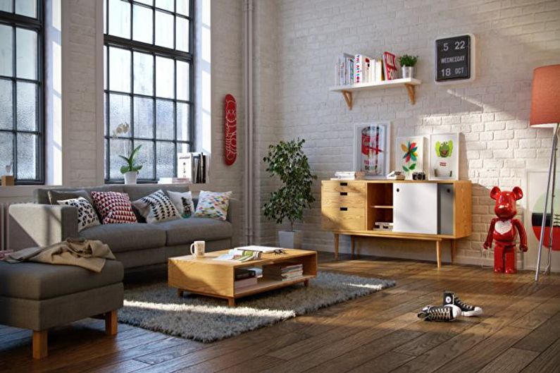 Bēša skandināvu stila dzīvojamā istaba - interjera dizains