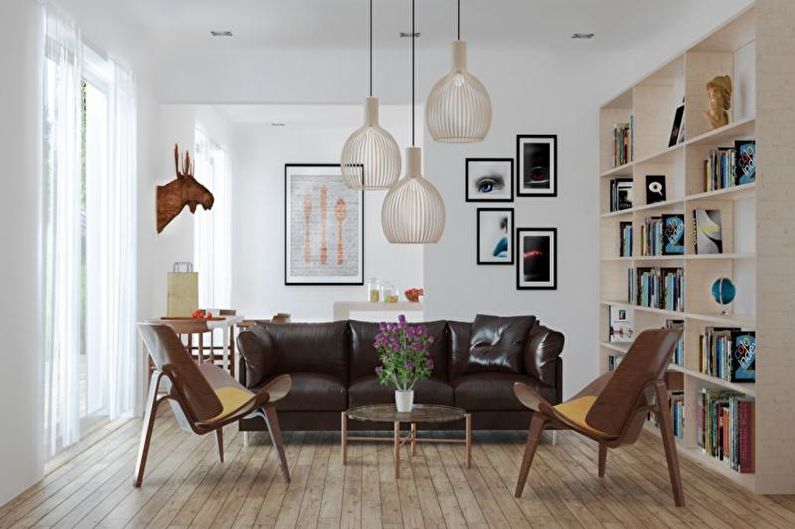 Hnedá škandinávska obývacia izba - interiérový dizajn