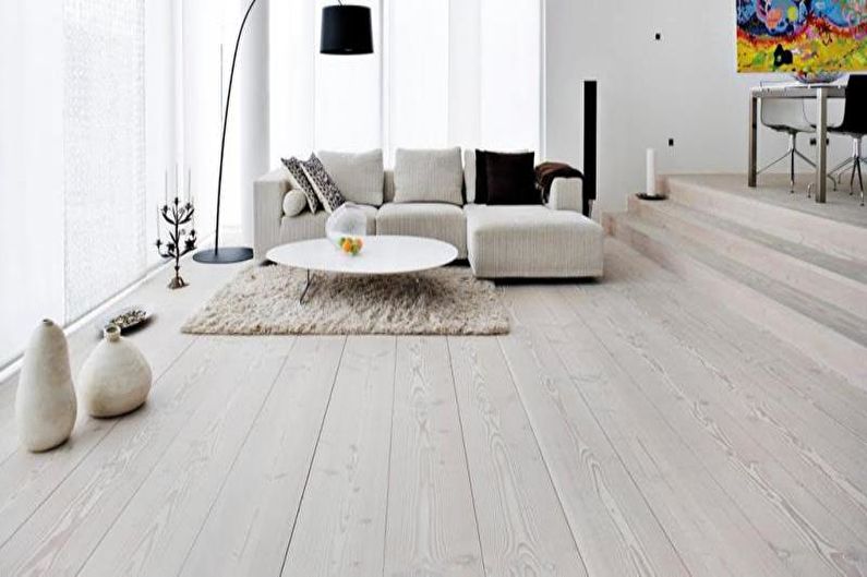 Skandinaviško stiliaus gyvenamojo kambario dizainas - grindų apdaila