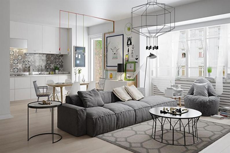 Skandinaviško stiliaus gyvenamojo kambario dizainas - baldai
