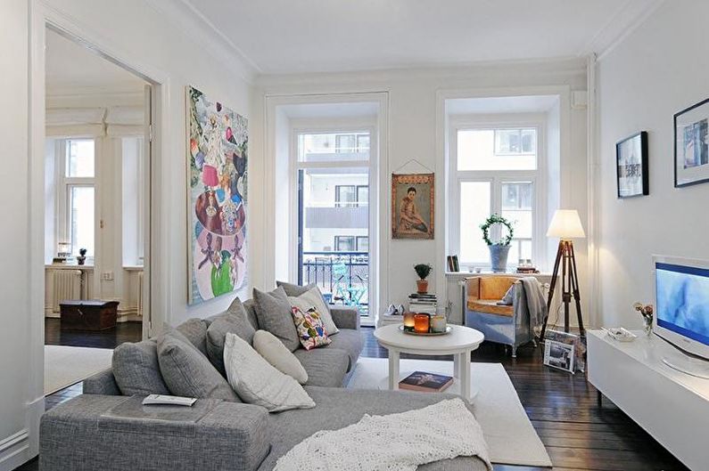 Skandinaviško stiliaus gyvenamojo kambario interjero dizainas - nuotrauka
