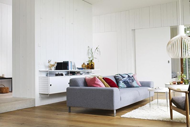 Skandinaviško stiliaus gyvenamojo kambario interjero dizainas - nuotrauka