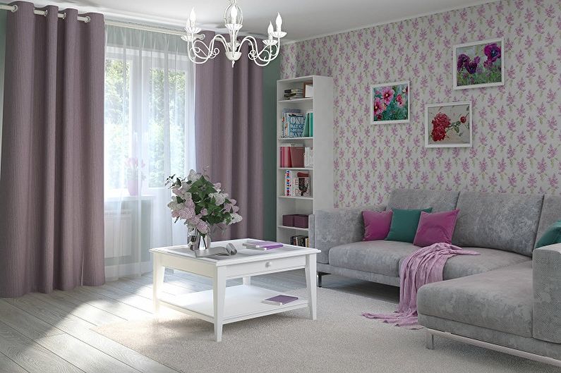 Ceriņu krāsa dzīvojamās istabas interjerā - Dizaina foto
