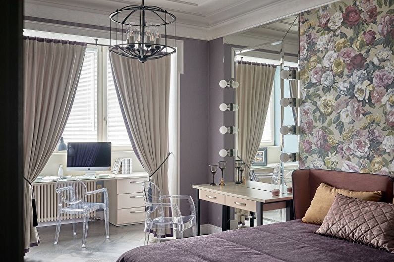 Ceriņu krāsa guļamistabas interjerā - dizaina foto