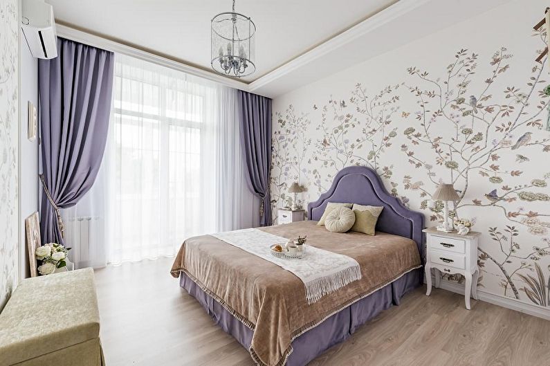 Lilac farge på soverommet interiør - Designfoto