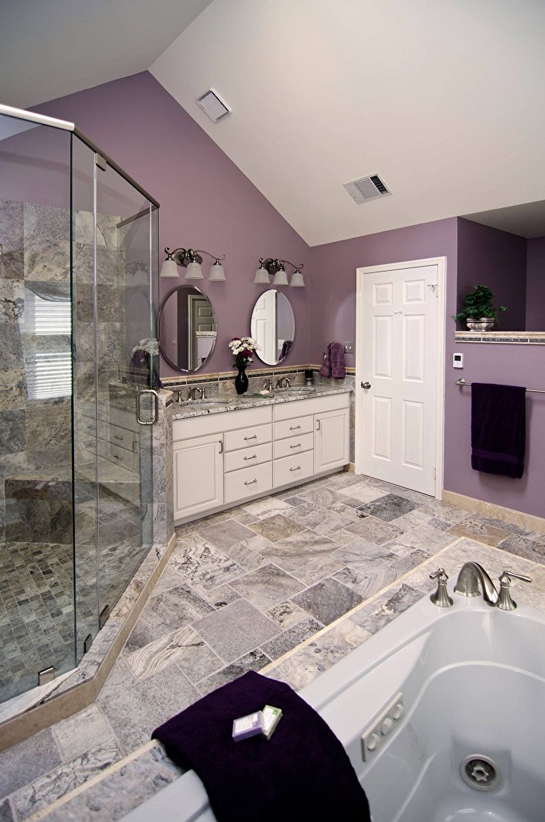 Ceriņu krāsa vannas istabas interjerā - dizaina foto