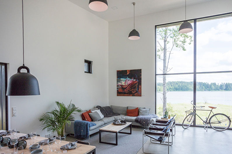 Bílý podkrovní obývací pokoj - interiérový design