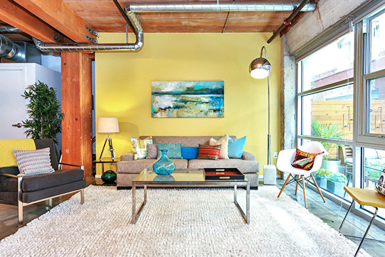 Stue i gul loftstil - interiørdesign