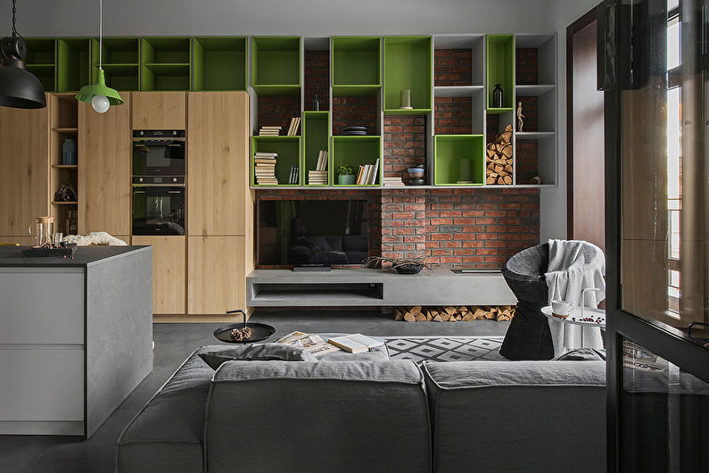 Salon de style loft olive - Design d'intérieur