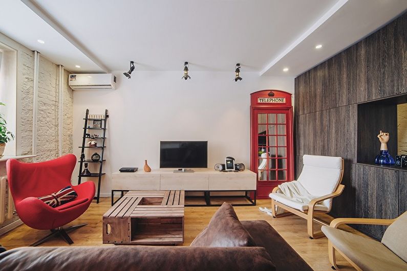 Loft stiliaus gyvenamojo kambario dizainas - grindų apdaila