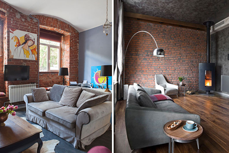 Dizajn enterijera dnevne sobe u stilu loft - fotografija
