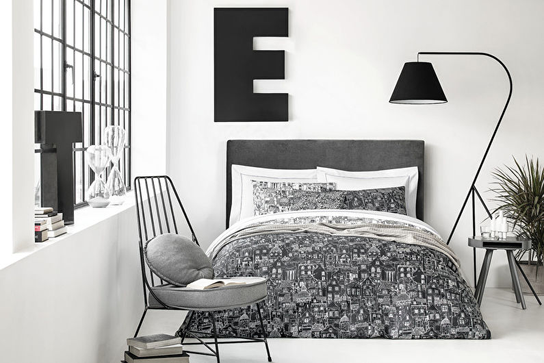 Pilkas skandinaviško stiliaus miegamasis - interjero dizainas