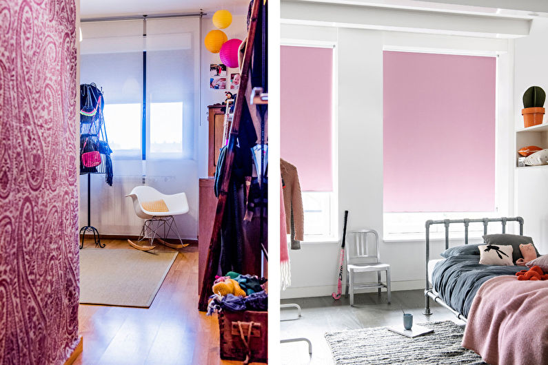 Rožinis skandinaviško stiliaus miegamasis - interjero dizainas