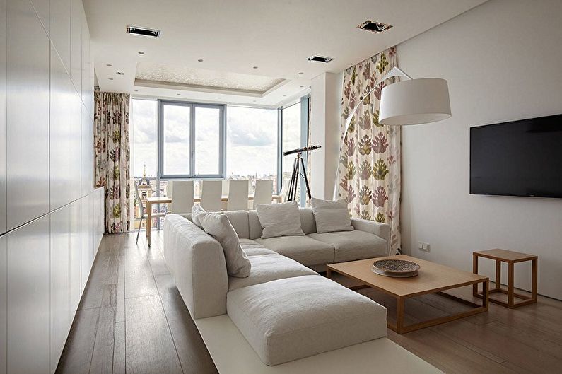 Projeto estreito da sala de estar - opções de móveis e layout