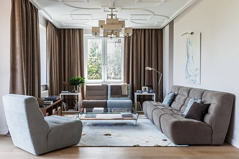 Design interiéru úzkého obývacího pokoje - foto