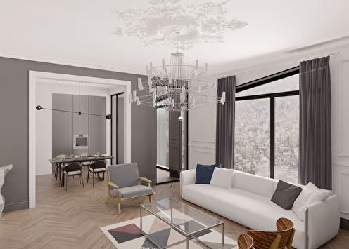 Design obývacího pokoje „Kontrast tvarů“