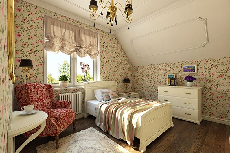 Provansas stila mansarda guļamistaba - interjera dizains
