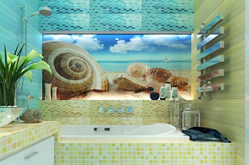 Bilik mandi 5 sq.m. dalam gaya laut - Reka Bentuk Dalaman