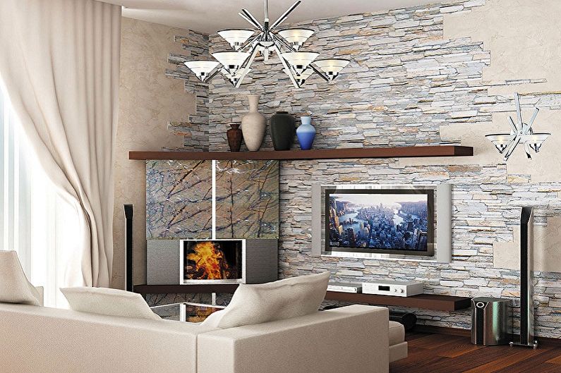 Dekoratīvs akmens dzīvojamās istabas interjerā