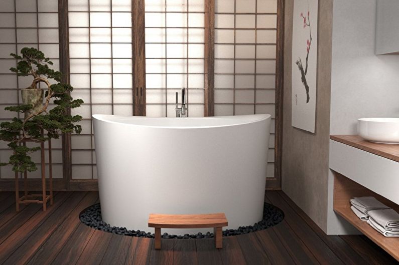 Japoniško stiliaus mažas vonios kambarys - interjero dizainas