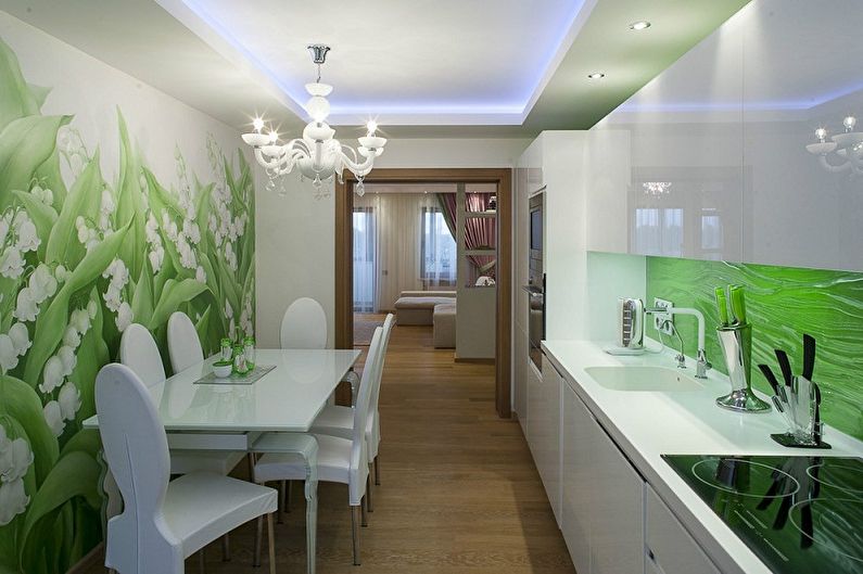 Baltas un zaļas krāsas virtuves dizains - griestu apdare