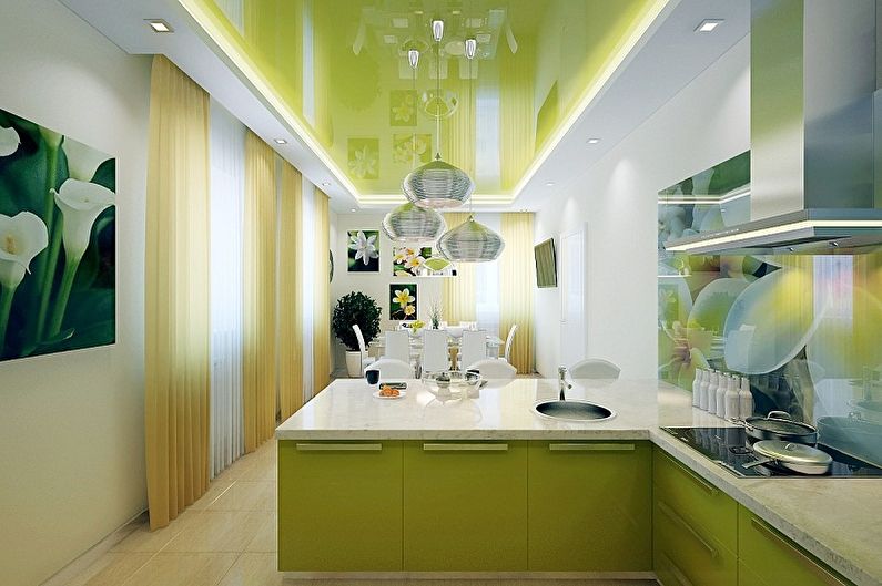 Бял и зелен дизайн на кухня - таванско покритие