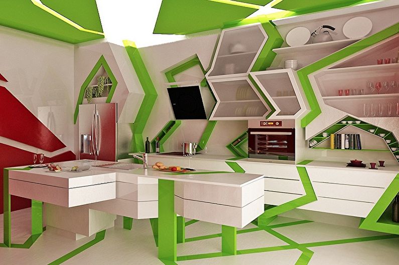 Baltas un zaļas krāsas virtuves dizains - mēbeles