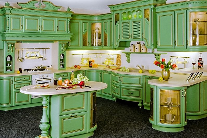Cocina blanca-verde en un estilo clásico - Diseño de interiores