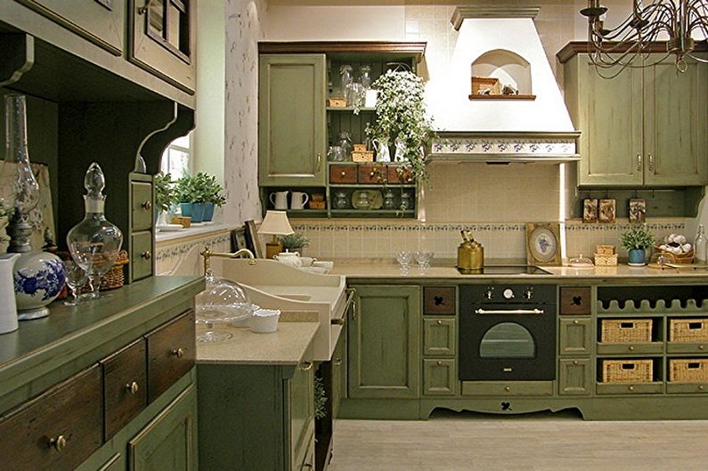 Dapur putih-hijau dengan gaya Provence - Reka Bentuk Dalaman