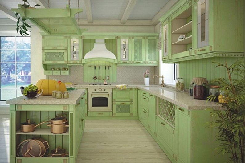 التصميم الداخلي للمطبخ الأبيض والأخضر - الصورة