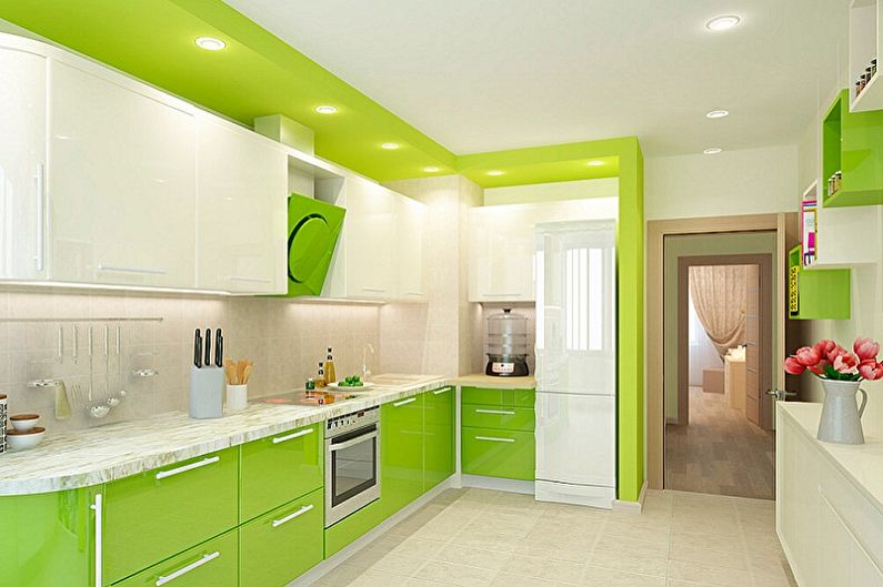 Dizajn interijera bijelo-zelene kuhinje - fotografija