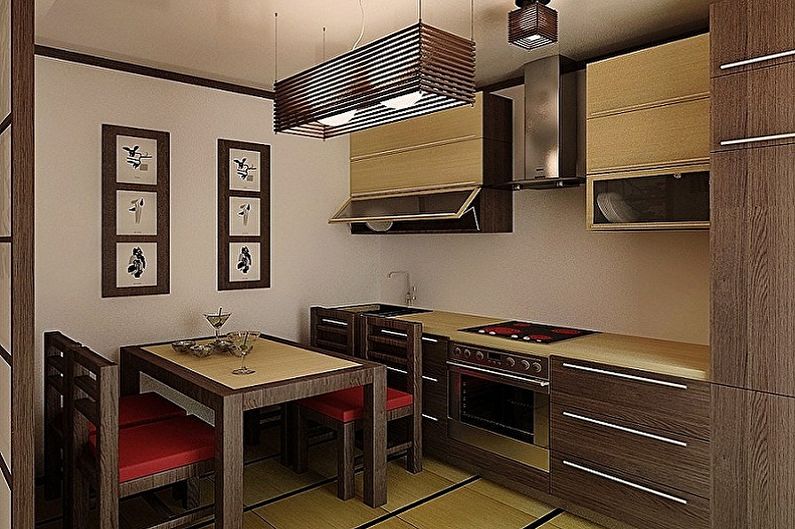 Japoniško stiliaus ruda virtuvė - interjero dizainas