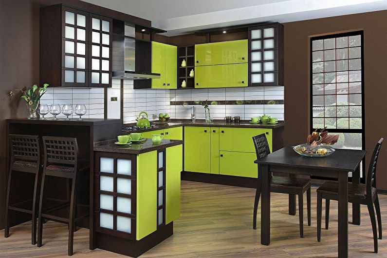 Japoniško stiliaus žalia virtuvė - interjero dizainas