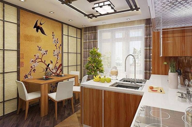 Japāņu stila virtuves dizains - sienas dekorēšana